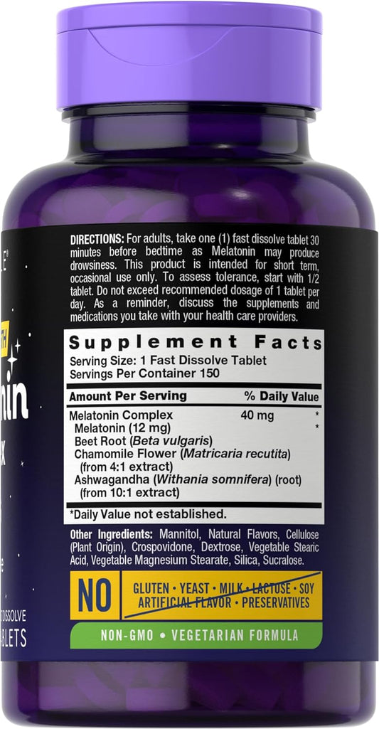 Carlyle Melatonin 40Mg Complex | 150 Fast Dissolve Tablets | Extra Strength Support | With Ashwagandha And Chamomile | Vegetarian, Non-Gmo, Gluten Free Supplement