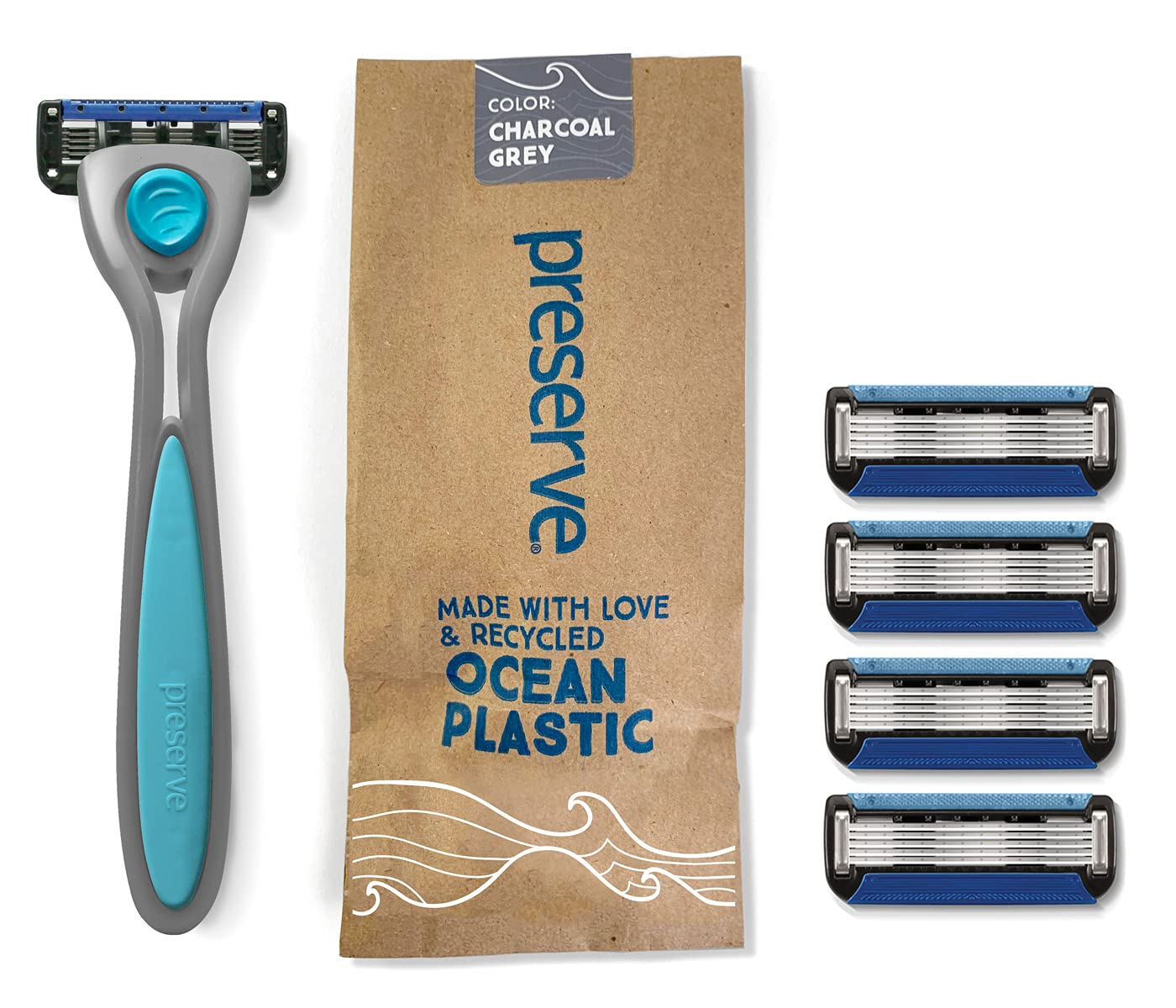 Preserve Popi Shave 5 Razor System Made With Recycled Ocean Plastic, Charcoal Grey And Preserve Popi Shave 5 Replacement Cartridges For Preserve Popi Shave 5 Razor (4 Count) Bundle