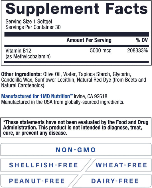 1MD Nutrition Vegan Vitamin B12 Softgels | 5000mcg Methylcobalamin Supplement | Energy, Immune, and Cardiovascular Support | 60 softgels