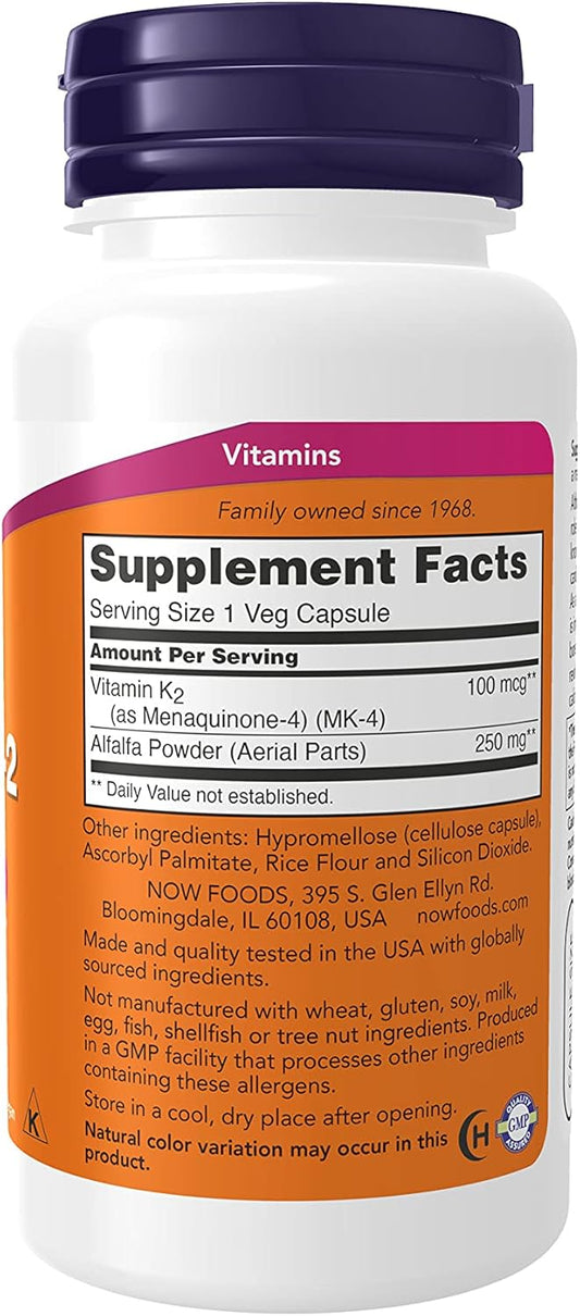 NOW Supplements, Vitamin K-2 100 mcg, Menaquinone-4 (MK-4), Supports Bone Health*, 100 Veg Capsules