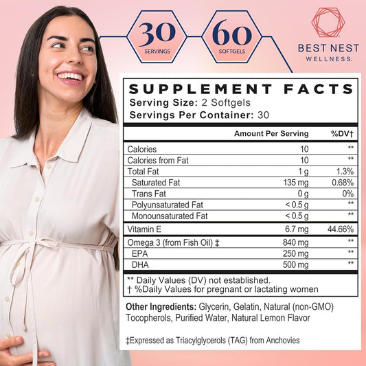 Best Nest Wellness Mama Bird Prenatal Dha Vitamin, Prenatal Omega 3 Dha Supplements, Supports Baby'S Brain & Eye Development, 500 Mg Triglyceride Fish Oil, Easy To Swallow Lemon Flavor Softgels, 60 Ct