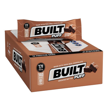 Built Protein Bars, Brownie Batter Puff, 12 Count, Protein Snacks With 17G Of High Protein, Collagen, Chocolate Protein Bar, Gluten Free With 140 Calories & 6G Sugar, Perfect On The Go Protein Snack