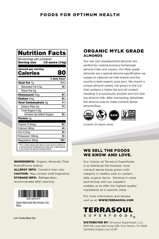 Terrasoul Superfoods Raw Unpasteurized Organic Almonds (Mylk Grade), 2 Pounds