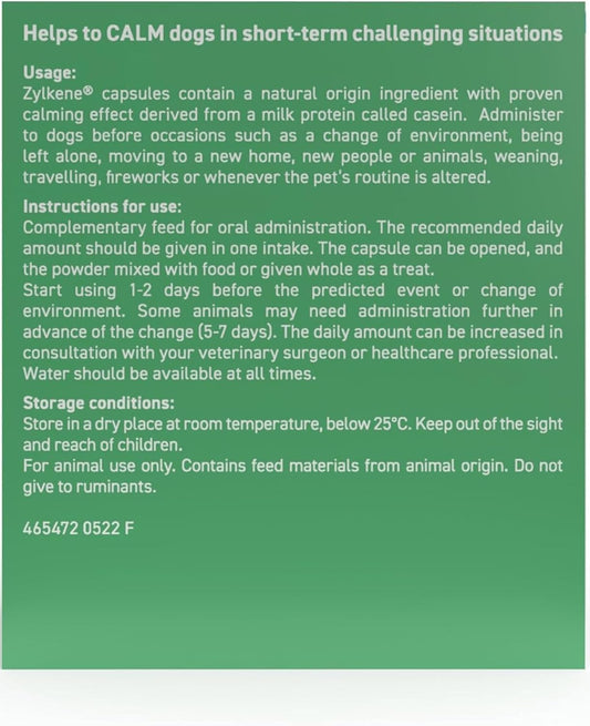 Zylkene Calming Supplements For Medium Dogs (10 To 30Kg) 225Mg | Promotes Relaxation | Helps Pets Cope With Short-Term Challenging Situations: Loud Noises | Easily Administered | 20 Capsules