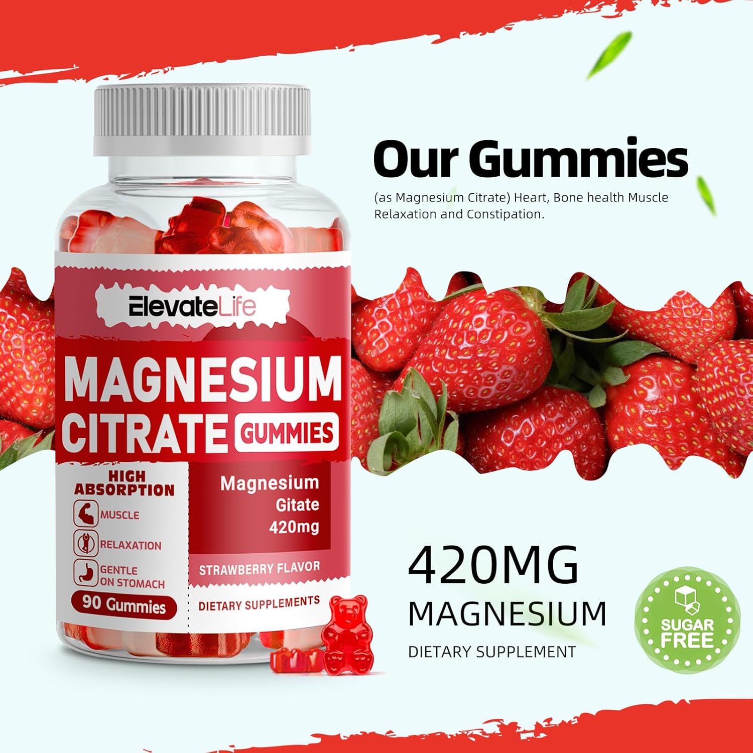 Magnesium Citrate Gummies 420Mg Per Serving - 90 Vegan Gummies - Promotes Healthy Relaxation, Muscle, Bone, & Energy Support (90 Strawberry Gummies) : Health & Household