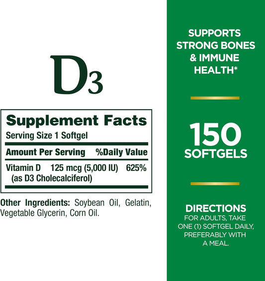 Nature'S Bounty Vitamin D3, Immune And Bone Support, 5000Iu, Rapid Release Softgels, 150 Ct