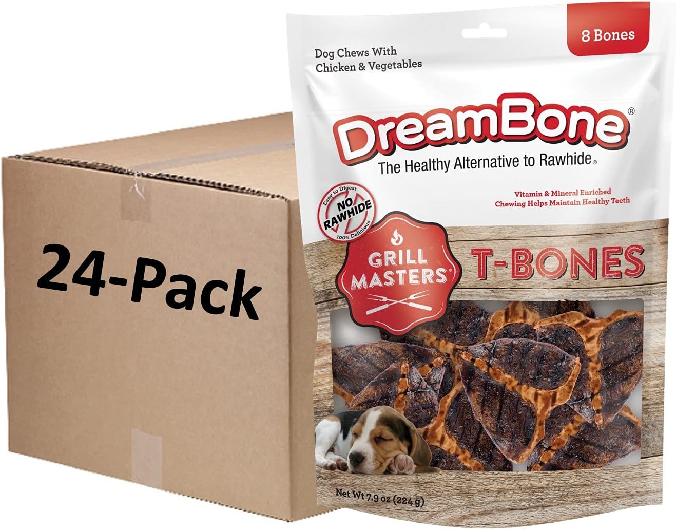 Dreambone Grill Masters T-Bones, Small, Rawhide-Free Chews For Dogs (1 Case Of 24 Individual Packs Of 8 Count)