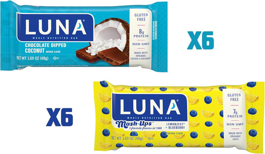 Luna Bar - Variety Pack - Chocolate Dipped Coconut And Lemonzest + Blueberry Mash-Ups - Gluten-Free - Non-Gmo - 7-8G Protein - Made With Organic Oats - Low Glycemic - 1.69 Oz. (12 Count)