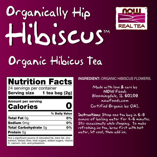 Now Foods, Organically Hip Hibiscus™ Tea, Caffeine-Free, Non-Gmo, No Added Colors, Preservatives Or Sugars, Premium Unbleached Tea Bags With Our No-Staples Design, 24-Count