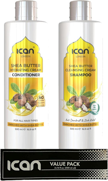 Ican London Shea Butter Sulfate Free Cleansing Cream Shampoo + Sulfate Free Hydrating Cream Conditioner Duo Pack 500Ml Each