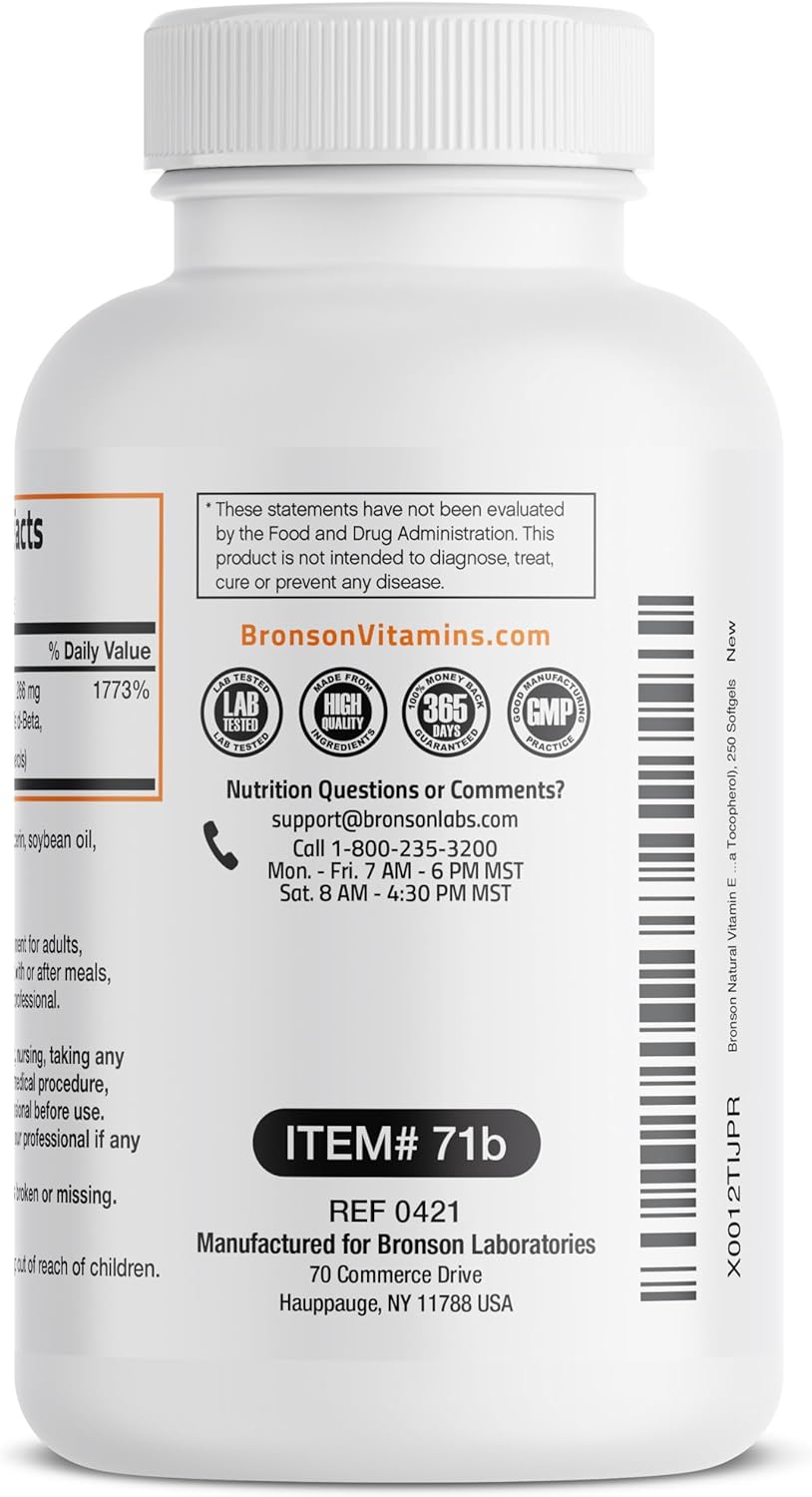 Bronson Natural Vitamin E Complex 400 I.U. Supplement (d-Alpha Tocopherol Plus d-Beta, d-Gamma, & d-Delta Tocopherols), Natural Antioxidant, 250 Softgels : Health & Household