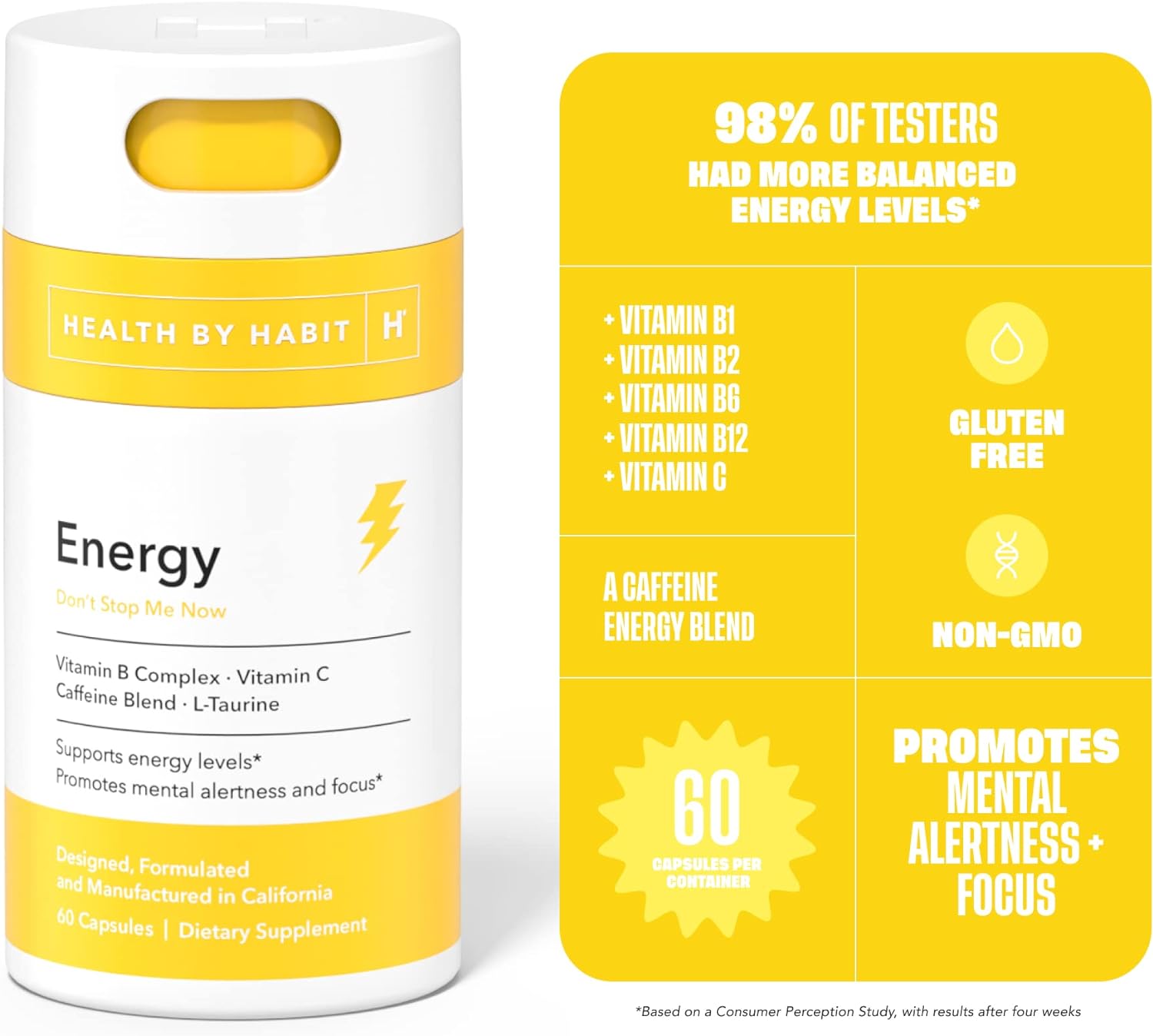 Health By Habit Energy Supplement 2 Pack (120 Capsules) - Natual Caffeine Blend, Vitamins B & C, Supports Energy Levels, Promotes Mental Alertness and Focus, Vegan, Non-GMO, Sugar Free (2 Pack) : Health & Household