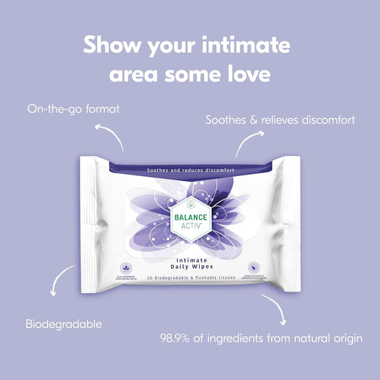 Balance Activ Intimate Wipes | Biodegradable, Flushable & pH Balancing | Natural Extracts of Aloe Vera, Mallow & Calendula to Soothe & Reduce Discomfort | 20 Wipes (Pack of 3)