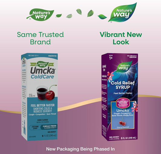 Nature'S Way Cold Relief Syrup, Umcka, Shortens Duration & Reduces Severity, Multi-Symptom Cold Relief, Homeopathic, Phenylephrine Free, Non-Drowsy, Cherry Flavored, 8 Fl Oz (Packaging May Vary)