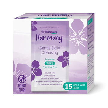 Theraworx Harmony Gentle Daily Cleansing Feminine Wipes Fragrance Free, Reduces Odor, pH Balanced, Individually Wrapped, Travel Size – 15 Count