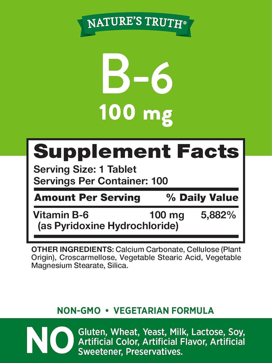 B6 Vitamin | 100Mg | 100 Tablets | Vegetarian, Non-Gmo & Gluten Free Supplement | By Nature'S Truth