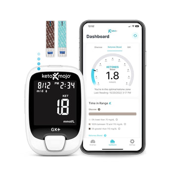 Keto-Mojo Gk+ Bluetooth Glucose & Ketone Testing Kit + Free App For Ketosis & Diabetes Management. 20 Blood Test Strips (10 Each), Meter, 20 Lancets, Lancing Device, And Control Solutions