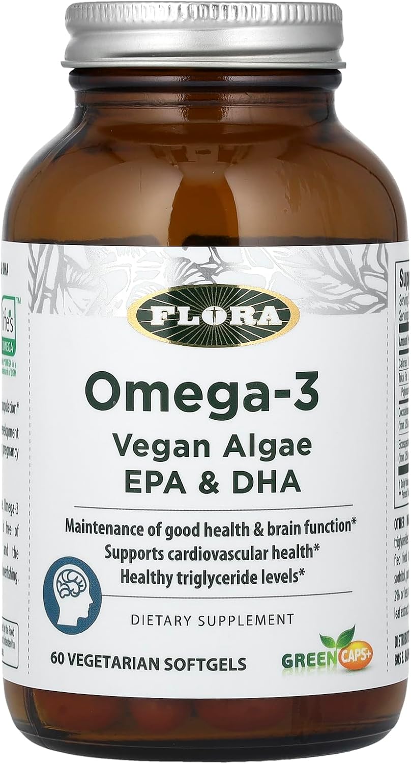 Flora Health Omega-3 Epa & Dha Vegan Algae, Maintain Good Health & Brain Function, Supports Cardio Health, Healthy Triglyceride Levels, 60 Vegetarian Softgels