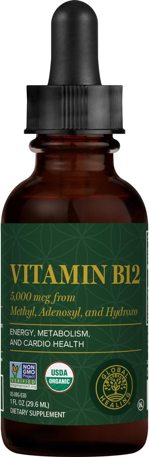 Global Healing Vitamin B12 Tri-Blend, 5000 Mcg Organic Sublingual Liquid Vitamin Drops | Methylcobalamin & Adenosylcobalamin & Hydroxo Blend For Long-Lasting Energy And Heart Health (1 Oz)
