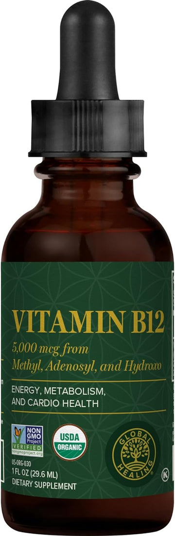Global Healing Vitamin B12 Tri-Blend, 5000 Mcg Organic Sublingual Liquid Vitamin Drops | Methylcobalamin & Adenosylcobalamin & Hydroxo Blend For Long-Lasting Energy And Heart Health (1 Oz)
