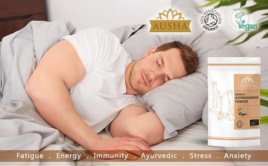 Ausha Organic Ashwagandha Powder 100G High Strength - Uk Certified Organic By Soil Association - Stress & Anxiety Relief, Energy, Sleep Aid - Whole Ashwagandha Root Used