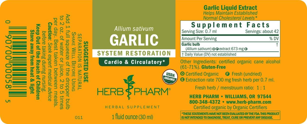 Herb Pharm Certified Organic Garlic Liquid Extract for Cardiovascular and Circulatory Support - 1 Ounce : Health & Household