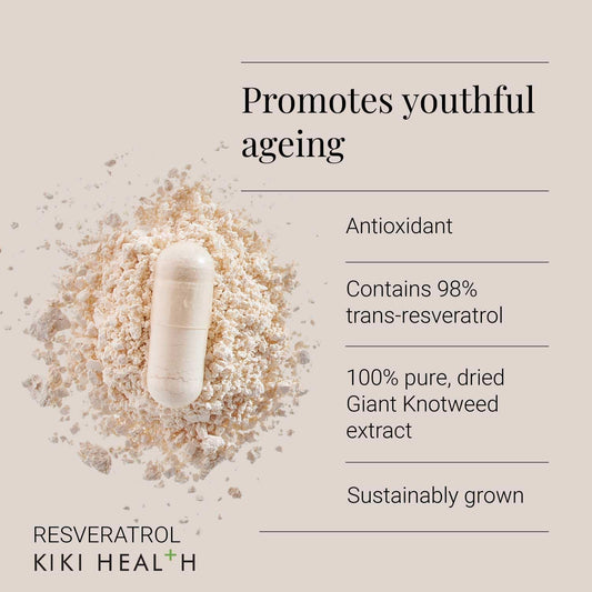 Kiki Health - Resveratrol, Antioxidant - Dried Giant Knotweed Extract - Contains 98% Trans-Resveratrol - For Cardiovascular Health, Youthful Ageing And Vitality - 60 Vegicaps