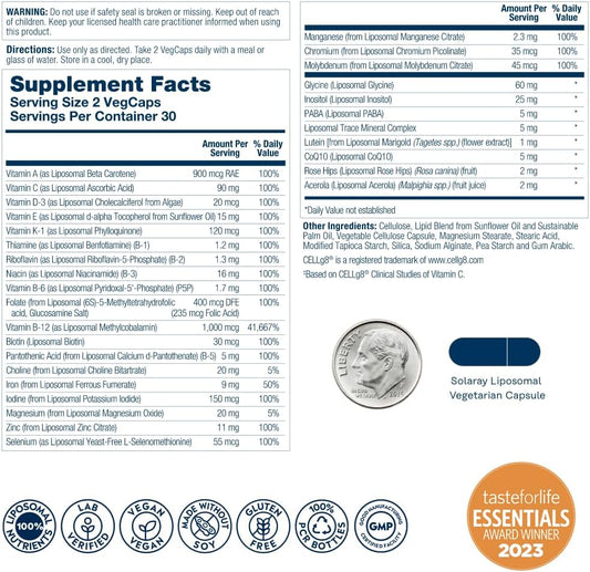 Solaray Liposomal Multivitamin For Men & Women, High Potency, Enhanced Absorption Vitamin C, Vitamin D, Biotin, Methyl B-12, Odor Neutral & Gentle Digestion, 30 Servings, 60 Vegcaps