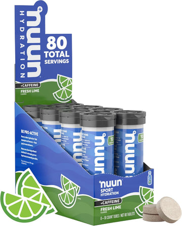 Nuun Sport + Caffeine Electrolyte Tablets For Proactive Hydration, Fresh Lime, 8 Pack (80 Servings)