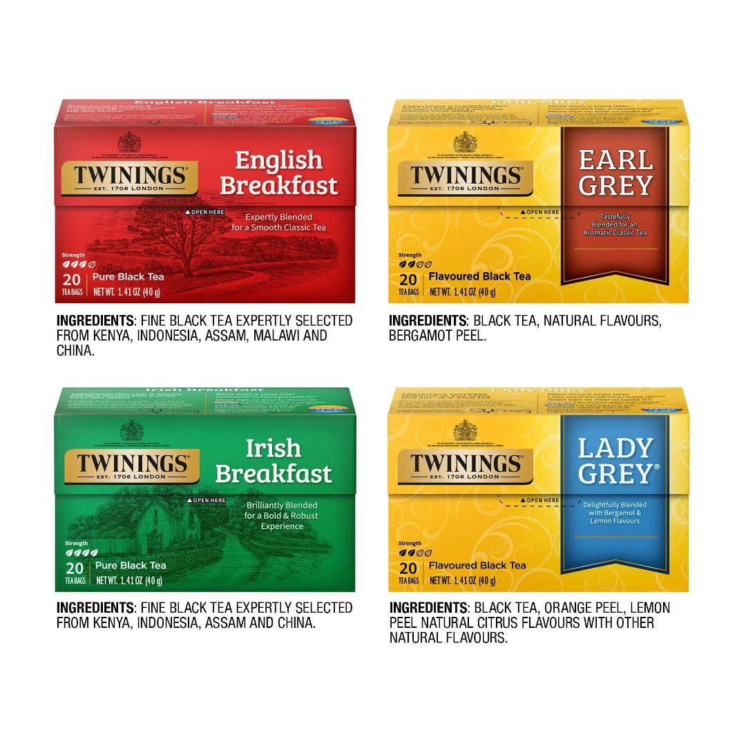 Twinings Variety Pack Black Tea Bags, 20 Count (Pack Of 4), Includes English Breakfast, Earl Grey, Irish Breakfast, And Lady Grey, Caffeinated, Enjoy Hot Or Iced | Packaging May Vary