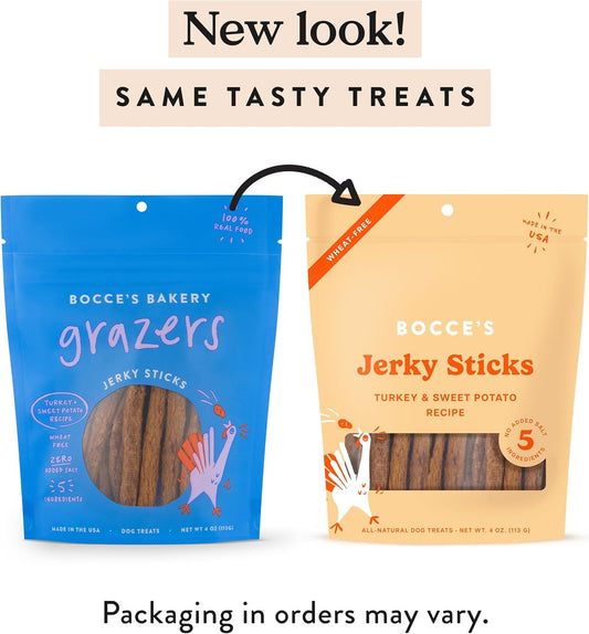 Bocce'S Bakery Jerky Stick Dog Treats, Wheat-Free, Made With Limited-Ingredients, Baked In The Usa With No Added Salt Or Sugar, All-Naural & High-Protein, Turkey & Sweet Potato, 4 Oz
