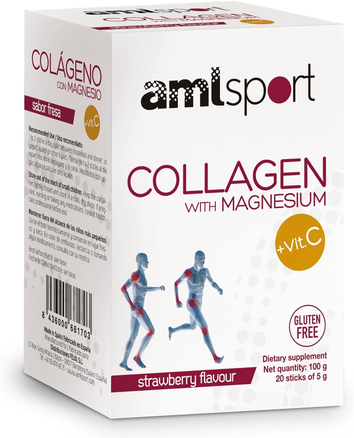 Ana Mar¡a Lajusticia AML Sport - Collagen with Magnesium with Vitamin C Sticks - Strawberry Flavour - Travel Pack -20 Sticks. Hydrolized Collagen. Dairy, Gluten and Sugar Free