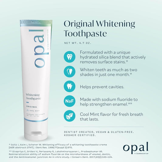 Opal by Opalescence Teeth Whitening Toothpaste (Pack of 6) - Cool Mint Original Formula - Oral Care, Gluten-Free - 4.7 Ounce Made by Ultradent.- OPAL-TP-5760-6