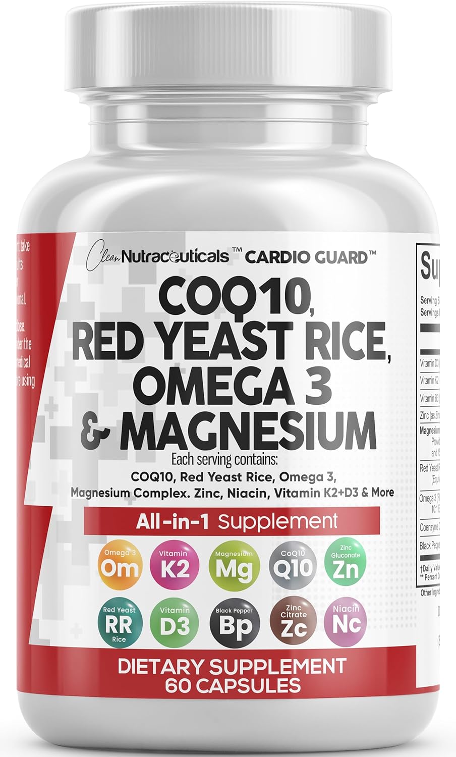 Coq10 200Mg Red Yeast Rice 3000Mg Omega 3 3000Mg Magnesium Complex 500Mg Niacin Zinc Vitamin K2 D3 - Heart Health Support Vitamins For Women And Men With Vitamin B3, Coenzyme Q10-60 Ct