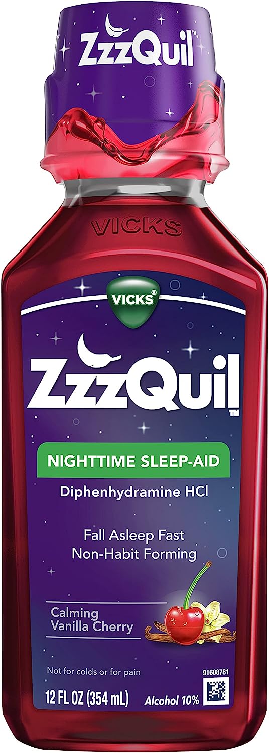 ZzzQuil, Nighttime Sleep Aid Liquid, 50 mg Diphenhydramine HCl, No.1 Sleep-Aid Brand, Calming Vanilla Cherry Flavor, Non-Habit Forming, 12 FL OZ