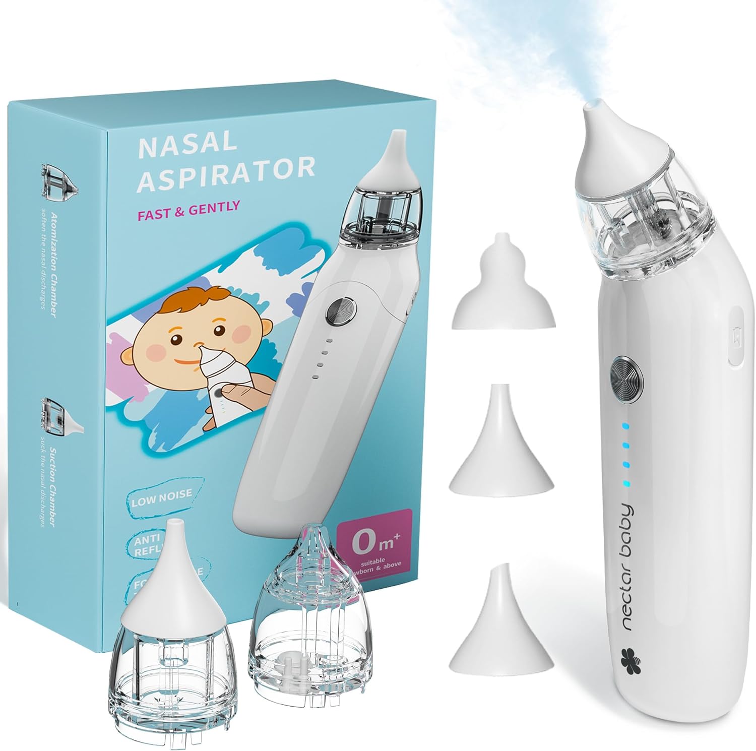 Baby Nasal Aspirator with Atomization Function, Electric Nose Aspirator for Toddler, Rechargeable Baby Nose Sucker, Automatic Nose Cleaner with 3 Silicone Tips and 3 Adjustable Suction Levels