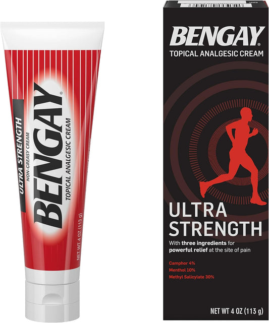 Bengay Ultra Strength Topical Pain Relief Cream, Non-Greasy Topical Analgesic For Minor Arthritis, Muscle, Joint, And Back Pain, Camphor, Menthol & Methyl Salicylate, 4 Oz