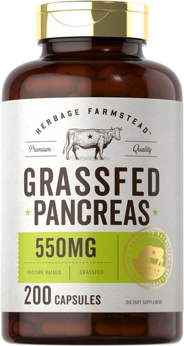 Carlyle Grass Fed Beef Pancreas | 550mg | 200 Capsules | Desiccated Pasture Raised Bovine Supplement | Non-GMO, Gluten Free | by Herbage Farmstead