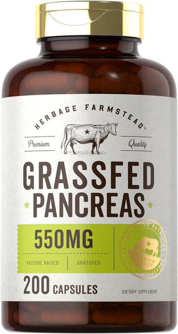 Carlyle Grass Fed Beef Pancreas | 550Mg | 200 Capsules | Desiccated Pasture Raised Bovine Supplement | Non-Gmo, Gluten Free | By Herbage Farmstead