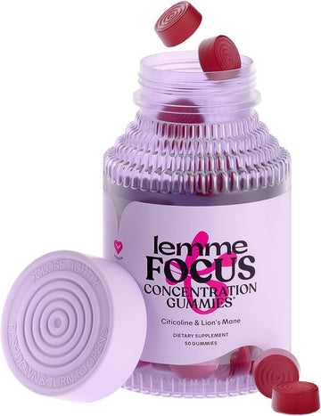 Lemme Focus Concentration & Brain Health Gummies with Cognizin Citicoline, Lion's Mane Mushroom, Vitamin B12 - Vegan, Gluten Free, Caffeine Free, Strawberry (50 Count)