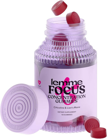 Lemme Focus Concentration & Brain Health Gummies With Cognizin Citicoline, Lion'S Mane Mushroom, Vitamin B12 - Vegan, Gluten Free, Caffeine Free, Strawberry (50 Count)