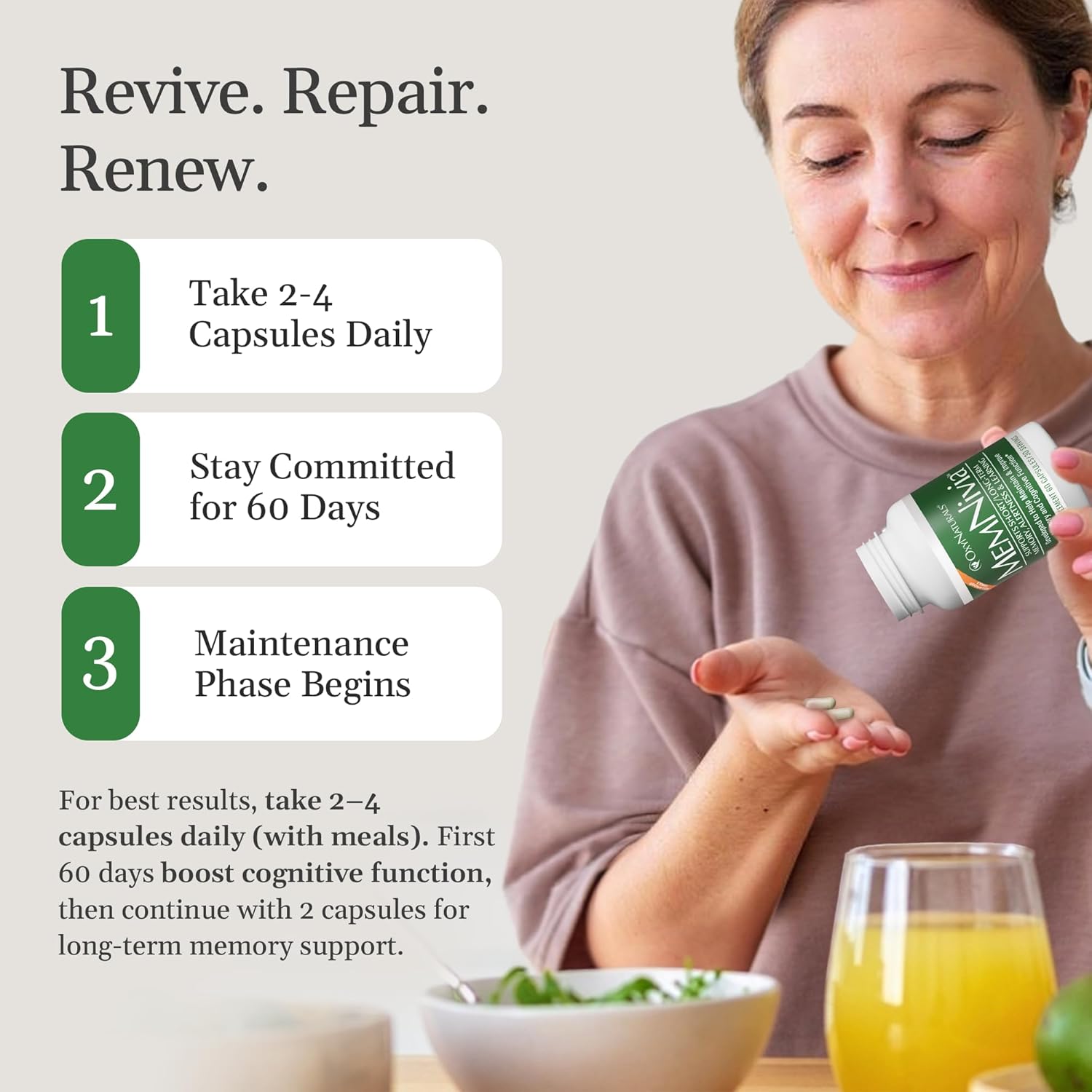 Memnivia Brain Supplements For Memory & Focus | Dual-Sage Stem Cell Formula With Cognivia®, Bacopa, Holy Basil & Ginger | Clinically Proven Mental Clarity Support | 60 Capsules (1 Bottle) | Usa Made : Health & Household