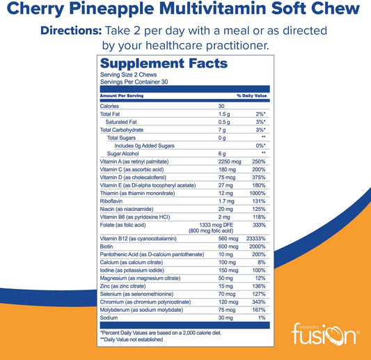 Bariatric Fusion Bariatric Multivitamin Chewable Soft Chew | Cherry Pineapple Flavor | Chewy Bariatric Vitamins For Post Bariatric Surgery Patients | 60 Count | 1 Month Supply