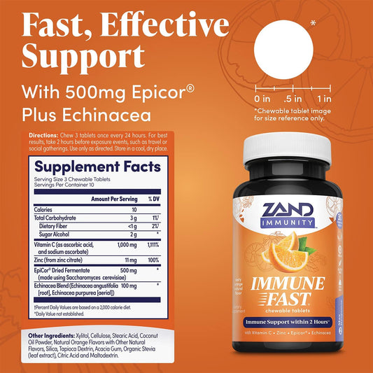 Zand Immune Fast Zesty Orange Chews | Boosts Immune Response & Cell Activity w/EpiCor*, Echinacea, 30 Tablets, 10 Serv