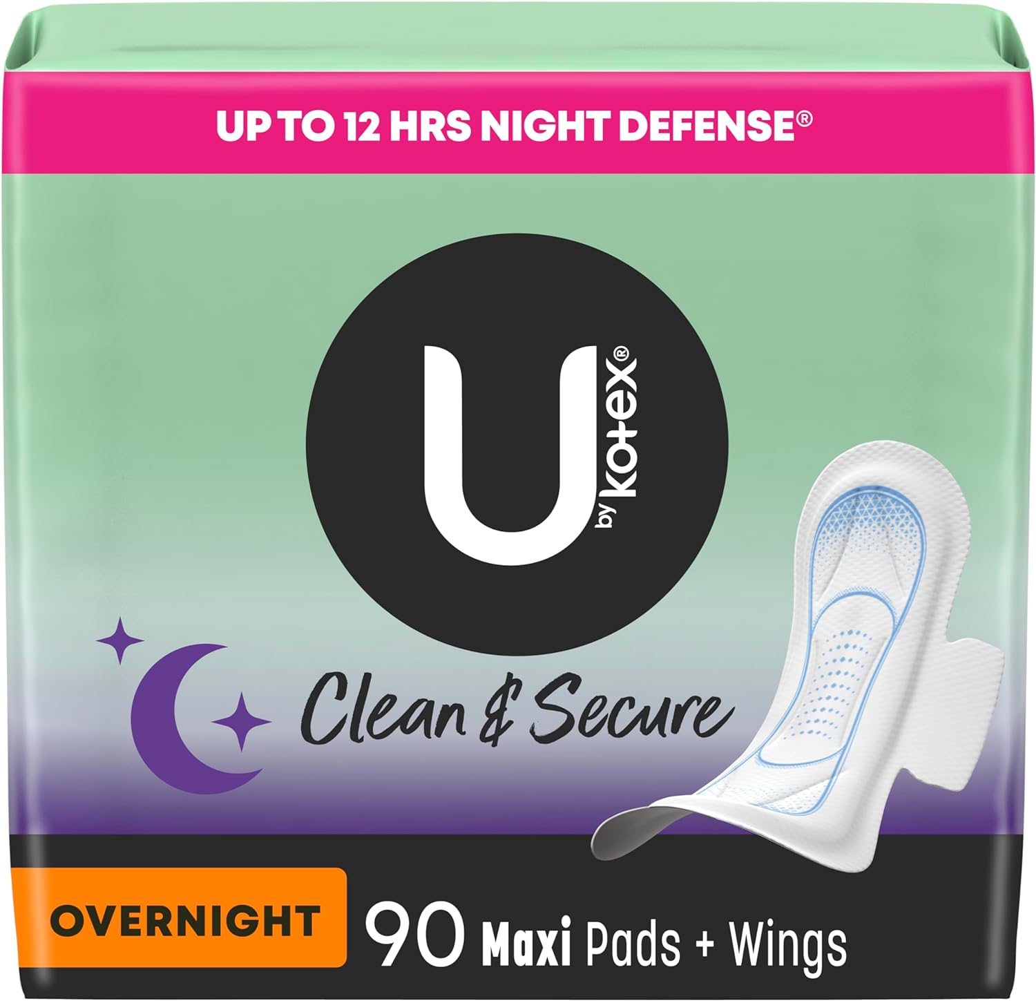 U by Kotex Clean & Secure Overnight Maxi Pads with Wings, 90 Count (3 Packs of 30) (Packaging May Vary)