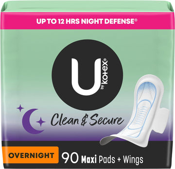 U by Kotex Clean & Secure Overnight Maxi Pads with Wings, 90 Count (3 Packs of 30) (Packaging May Vary)