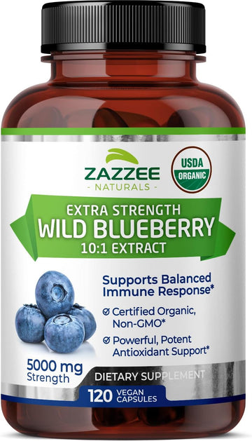 Zazzee Usda Organic Wild Blueberry 10:1 Extract, 5000 Mg Strength, 120 Vegan Capsules, 4 Month Supply, Concentrated And Standardized 10X Whole Fruit Extract, 100% Vegetarian, All-Natural And Non-Gmo