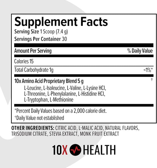 10X Health Amino Blend Fruit Punch - Contains Eaa And Bcaa Amino Acids Supplement - Essential Amino Acids Powder For Men And Women, Pre And Post-Workout Amino Energy Boost - 30 Servings