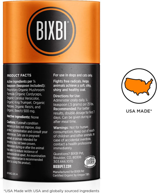 Bixbi Dog & Cat Skin & Coat Support, 2.12 Oz (60 G) - All Natural Organic Pet Superfood - Daily Mushroom Powder Supplement - Usa Grown & Usa Made - Veterinarian Recommended For Dogs & Cats