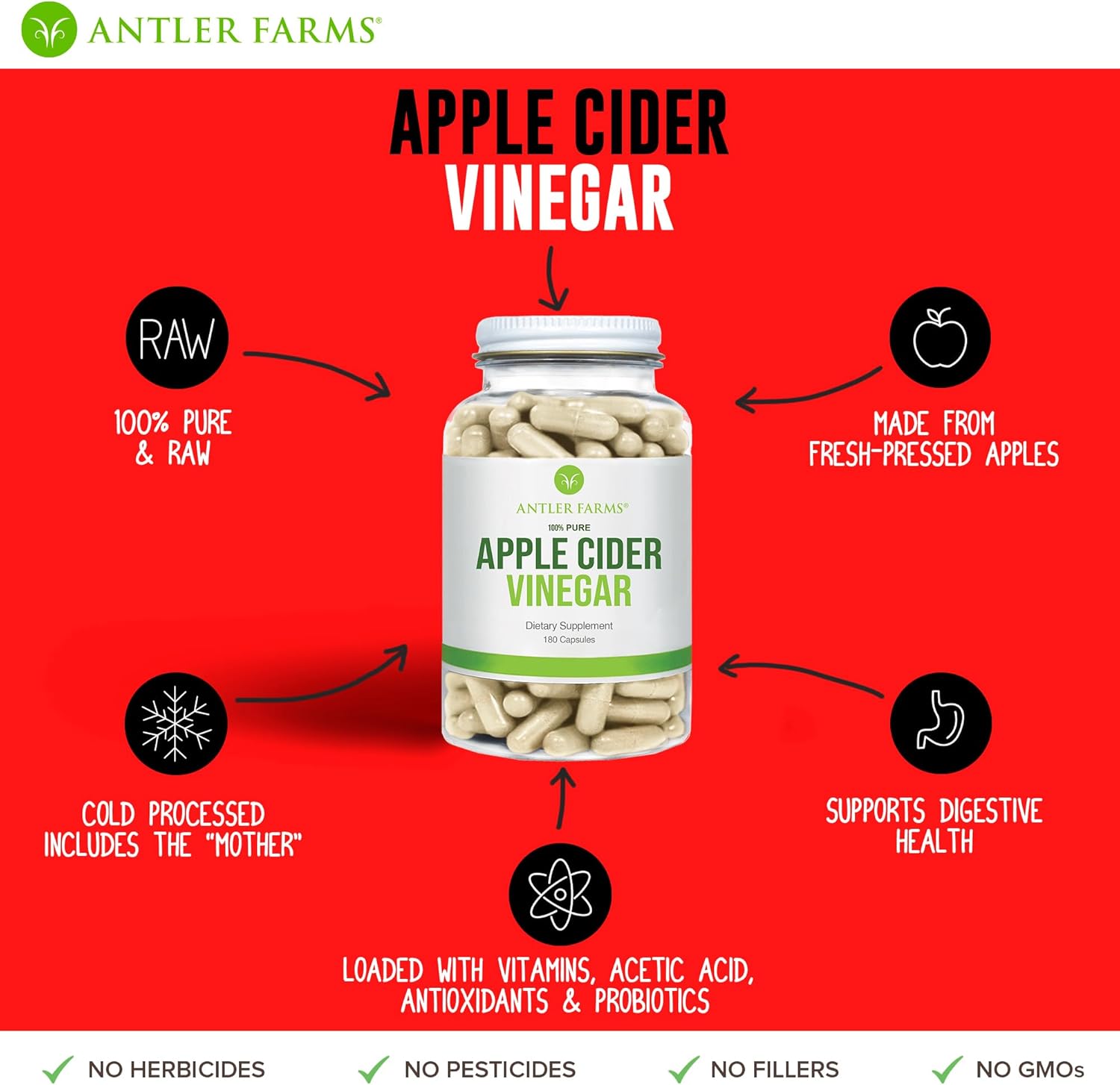 Antler Farms - 100% Pure Apple Cider Vinegar With Mother, 180 Capsules, 500Mg - A Powerful Ally For Gut And Heart Health - Vegan, Gluten-Free & Non-Gmo : Grocery & Gourmet Food